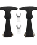 Front view of two black rubber T-handle draw latches with stainless steel hardware and two mounting brackets.