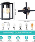 Vintage Square Black Ceiling Light Fixture 3 Light Industrial Farmhouse Modern Geometric Metal Ceiling Lamp dimensions and bulb compatibility