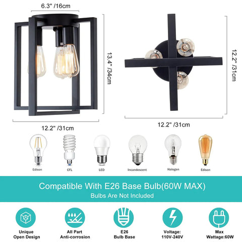 Vintage Square Black Ceiling Light Fixture 3 Light Industrial Farmhouse Modern Geometric Metal Ceiling Lamp dimensions and bulb compatibility