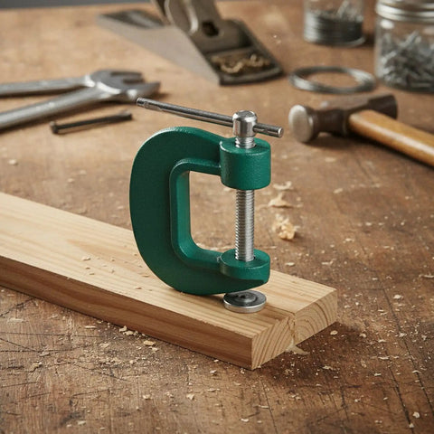 Heavy Duty Quick Adjust G Clamp For Woodworking And DIY Projects securing wood on a workbench for precise cutting.