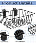 Slatwall Storage Baskets 2 Pack Matte Black Metal Wire Organizer Bins For Wall Panels 11.75 In Wide By 7.875 In Deep By 4 In High Tool Free Mounting Scratch Resistant Finish Durable Slatwall Organizer, showing basket details.