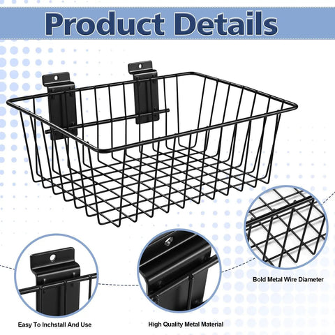 Slatwall Storage Baskets 2 Pack Matte Black Metal Wire Organizer Bins For Wall Panels 11.75 In Wide By 7.875 In Deep By 4 In High Tool Free Mounting Scratch Resistant Finish Durable Slatwall Organizer, showing basket details.
