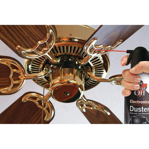 Two Pack 10 Oz Compressed Gas Dusters for Quick Cleaning of Electronics like Keyboards CPUs Mice and Workstations in use on a ceiling fan