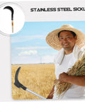 Farmer holding Multi Purpose Manganese Steel Garden Tool With Wooden Handle For Grass Cutting, Weeding, And Harvesting
