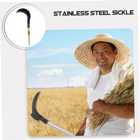 Farmer holding Multi Purpose Manganese Steel Garden Tool With Wooden Handle For Grass Cutting, Weeding, And Harvesting