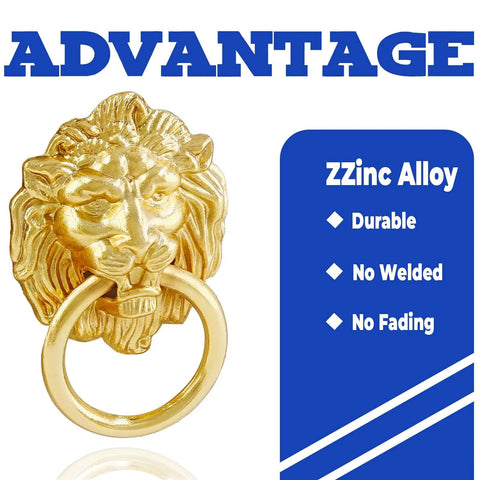 Close-up of a Lion Head Cabinet Pull Handle in gold finish showcasing durability, part of a 12 pack for drawers and cabinets with ring pulls.