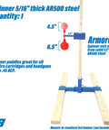 AR500 Steel Shooting Target Spinner For Handgun setup with red paddles, blue mounting bracket, and wooden 2x4 base.