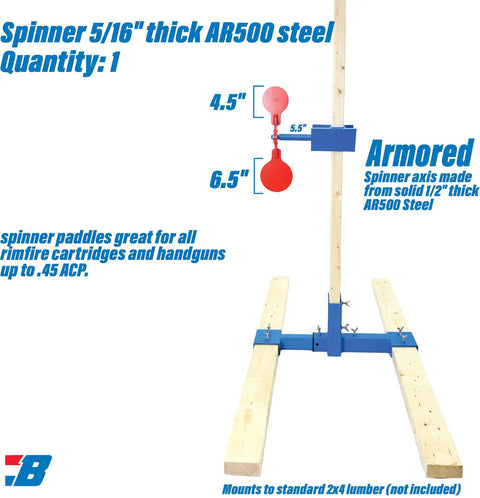 AR500 Steel Shooting Target Spinner For Handgun setup with red paddles, blue mounting bracket, and wooden 2x4 base.