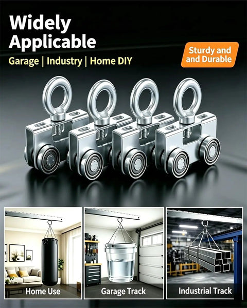 Four Wheel Trolley Assembly Rollers For Unistrut And Superstrut Channels, Upgraded Heavy Duty Load shown in industrial use