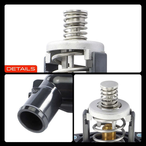 Close-up of Engine Coolant Thermostat And Housing Assembly for Chevy GMC Cadillac Trucks and SUVs with detailed components.