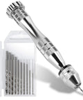 Killer Precision Steel Pin Vise Hand Drill Accompanied By Ten Mini Drill Bits Perfect For Resin Jewelry Crafting Woodworking Polymer Clays And DIY Accessories That Handle The Nitty Gritty Work Without Breaking A Sweat, displayed with ten metal drill bits.