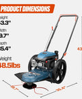 Side view of 22 Inch Gas Walk Behind Brush Cutter And String Trimmer With 160cc 4 Cycle Engine, showing dimensions and weight.