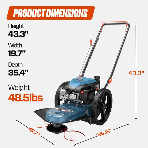Side view of 22 Inch Gas Walk Behind Brush Cutter And String Trimmer With 160cc 4 Cycle Engine, showing dimensions and weight.