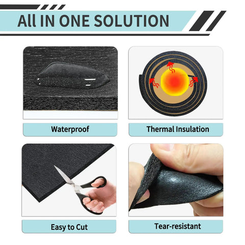 Dishwasher Soundproof Wrap Cut From Tear Resistant XPE Foam With Self Adhesive Backing showing features: waterproof, thermal insulation, easy to cut, and tear-resistant.