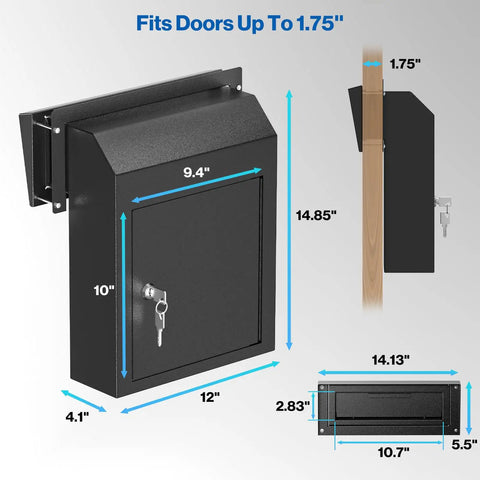 Dimensional view of Rainproof Heavy Duty Mailbox Door Drop Box With Galvanized Steel Construction Weatherproof Mail Slot Through The Door For Keys Deposits Payments And Mails Black Built Tough Workhorse For Indoor And Outdoor Use.