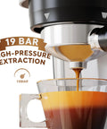 Espresso pouring from a 20 bar espresso machine into a glass cup, showcasing high-pressure extraction and rich crema.