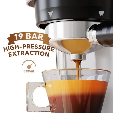 Espresso pouring from a 20 bar espresso machine into a glass cup, showcasing high-pressure extraction and rich crema.