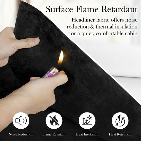 Close-up of Garifon suede headliner fabric, foam-backed automotive headliner, black, 96in L × 60in W.
