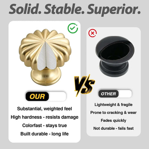10 Pack Brushed Gold Cabinet Knobs With Flower And Pumpkin Style Design vs. black knob, highlighting durability and weight differences