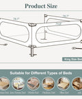 3 Piece Bed Rail Set For Toddlers That Fits King Size Beds With Seamless Fit, showing dimensions and bed compatibility chart.