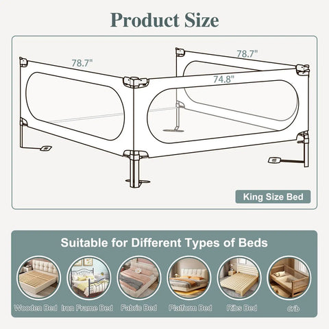 3 Piece Bed Rail Set For Toddlers That Fits King Size Beds With Seamless Fit, showing dimensions and bed compatibility chart.
