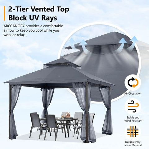 Outdoor Patio Gazebo 11x11 With Double Roof Canopy And Mosquito Netting For Backyard Deck Garden And Lawn In Dark Gray No Fuss Setup Sturdy Iron Frame With Anti Rust Coating Weatherproof Outdoor Shelter