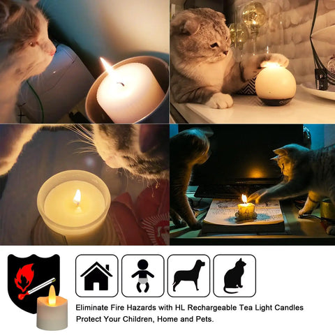 Flameless LED Candles With Remote Timer And Charging Station For Outdoor Use Rechargeable Waterproof RGB Tea Lights Delivering 60 Plus Hours Of Glow Colorful Candles For Valentines Day Halloween Christmas Home Party Decor 12 Pieces with cats interacting.