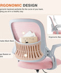 Ergonomic Mesh Office Chair For Home With Mid Back Support Rolling Swivel Desk Chair Lumbar Comfort Comfy Flip Up Arms Pink Ideal For Bedroom Study Student Use, showing breathable mesh back and storage basket feature.