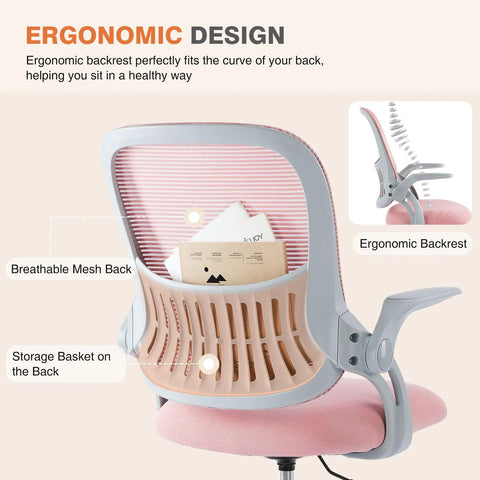 Ergonomic Mesh Office Chair For Home With Mid Back Support Rolling Swivel Desk Chair Lumbar Comfort Comfy Flip Up Arms Pink Ideal For Bedroom Study Student Use, showing breathable mesh back and storage basket feature.