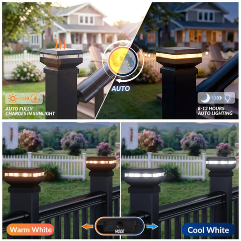 Rock Solid Modular Aluminum Deck Railing Kit With Built In Lighting 36 By 6 Feet showing solar post lights in warm and cool white modes.