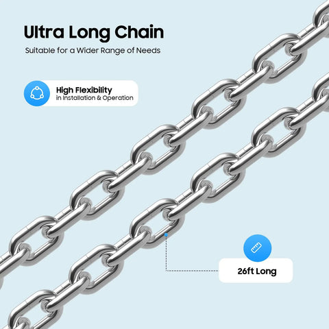 Heavy Duty Garage Door Chain Hoist With Three To One Gear Ratio And Manual Overhead Lifting System showing a 26ft long chain for versatile use.