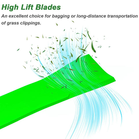 Illustration of high lift blades showcasing grass cutting efficiency for Toro mowers, highlighting blade's aerodynamic features.