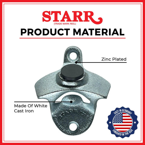 Heavy Duty Vintage Wall Mounted Bottle Opener Zinc Plated Cast Iron Beer Cap Remover close-up showing detail and material.