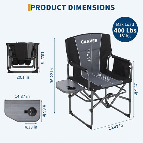 Oversized Directors Camping Chair With Side Table, Heavy Duty Folding Lawn Chair For Adults, Supports 400 Lbs, Black
