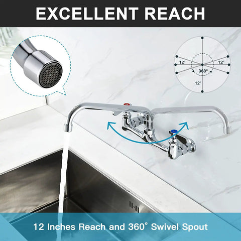 Wall Mount Commercial Sink Faucet With Eight Inch Adjustable Center No Sweat Installation Right On Target Kitchen Utility Tap, 12-inch reach and 360° swivel spout.