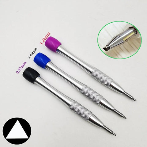 Three Color Stainless Steel Watch Movement Screwdriver Set for 3235 Movement Repairs with black, blue, and purple handles