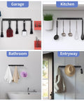 Two Pack Detailing Brush Hanger Wall Mount Organizer for Car Detailing with Five Hooks, Rustproof Metal Rack displayed in use across various rooms including garage, kitchen, bathroom, entryway.