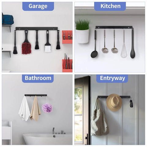 Two Pack Detailing Brush Hanger Wall Mount Organizer for Car Detailing with Five Hooks, Rustproof Metal Rack displayed in use across various rooms including garage, kitchen, bathroom, entryway.