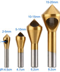 Titanium Coated Countersink Chamfer Tool Set For Metal Wood Plastic Deburring Drill Bits 4 Pcs HSS 4241, sizes labeled