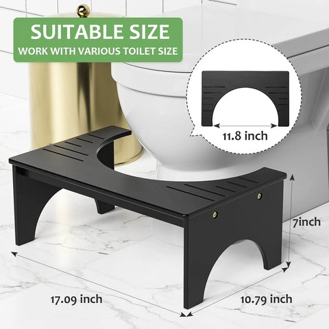 7 Inch Bamboo Toilet Stool For Adults And Kids Poop Stool For Bathroom Use Relieves Bowel Pressure Eases Defecation Anti Slip Grippy Surface Easy Clean Black; shown by a toilet.