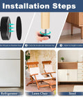 Installation steps for Quarter Inch Thread Leveling Feet 12 Pack Adjustable Furniture Levelers with images of refrigerator, chair, and stool.