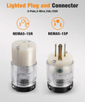 Lighted NEMA 5-15P To 5-15R Extension Cord Ends With Power Indicator, shown with transparent casing and connectors
