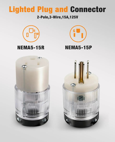 Lighted NEMA 5-15P To 5-15R Extension Cord Ends With Power Indicator, shown with transparent casing and connectors