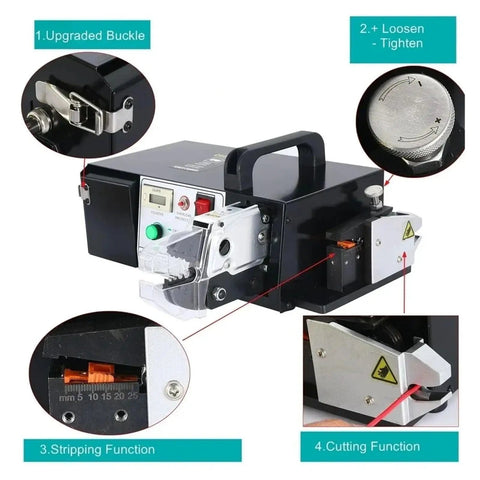 Built Different Heavy Duty Electric Wire Stripper Crimping Tool With Swap Out Die Sets Auto Terminal Crimper showing control panel and features.