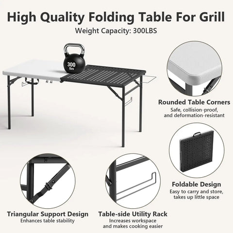 5ft Folding Camping Table With Dual Surface Metal Grill Grid And Solid Prep Top Heavy Duty Portable Outdoor Table shown with details