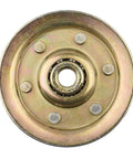 Close-up of bronze finish pulley from Heavy Duty Garage Door Pulley Kit With Three Inch Pulleys 3 By 8 Bore 200 Lb Load Rating.