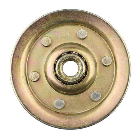 Close-up of bronze finish pulley from Heavy Duty Garage Door Pulley Kit With Three Inch Pulleys 3 By 8 Bore 200 Lb Load Rating.