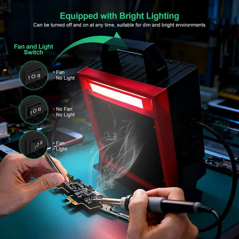 Person soldering PCBs with Pro-Grade Solder Fume Extractor With LED Light And Two Helping Hands absorbing smoke