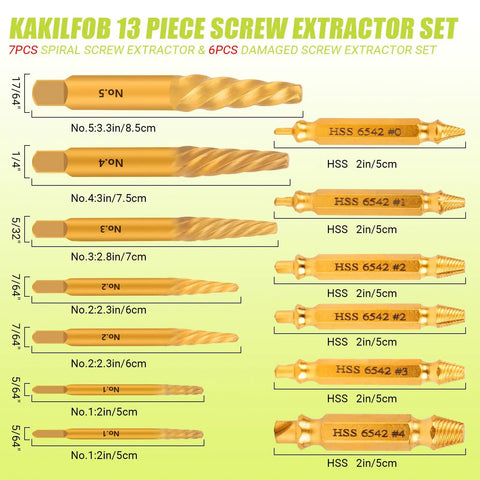 Easy Out Screw Extractor Set and Left Hand Drill Bit Kit for Stripped Screws and Damaged Bolts with laser markings.
