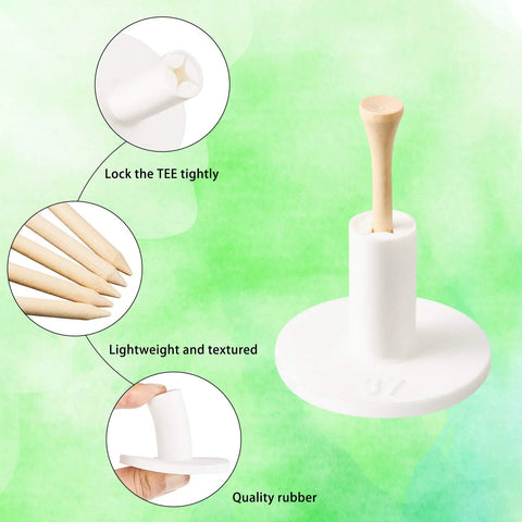 10 Pack Rubber Tee Holders And Bamboo Tees For Golf Practice Indoor Outdoor Driving Range Mat Setup 1.5 Inch Tee Size Sturdy Rubber Holders And Eco Friendly Bamboo Tees For Long Lasting Practice displayed with close-up details.